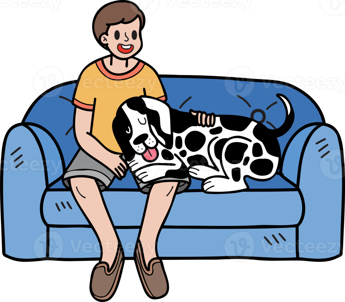 cão dálmata desenhado à mão com ilustração de proprietário e sofá em estilo doodle png