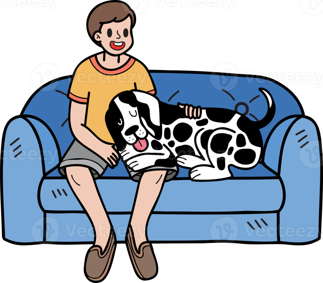 perro dálmata dibujado a mano con dueño e ilustración de sofá en estilo garabato png