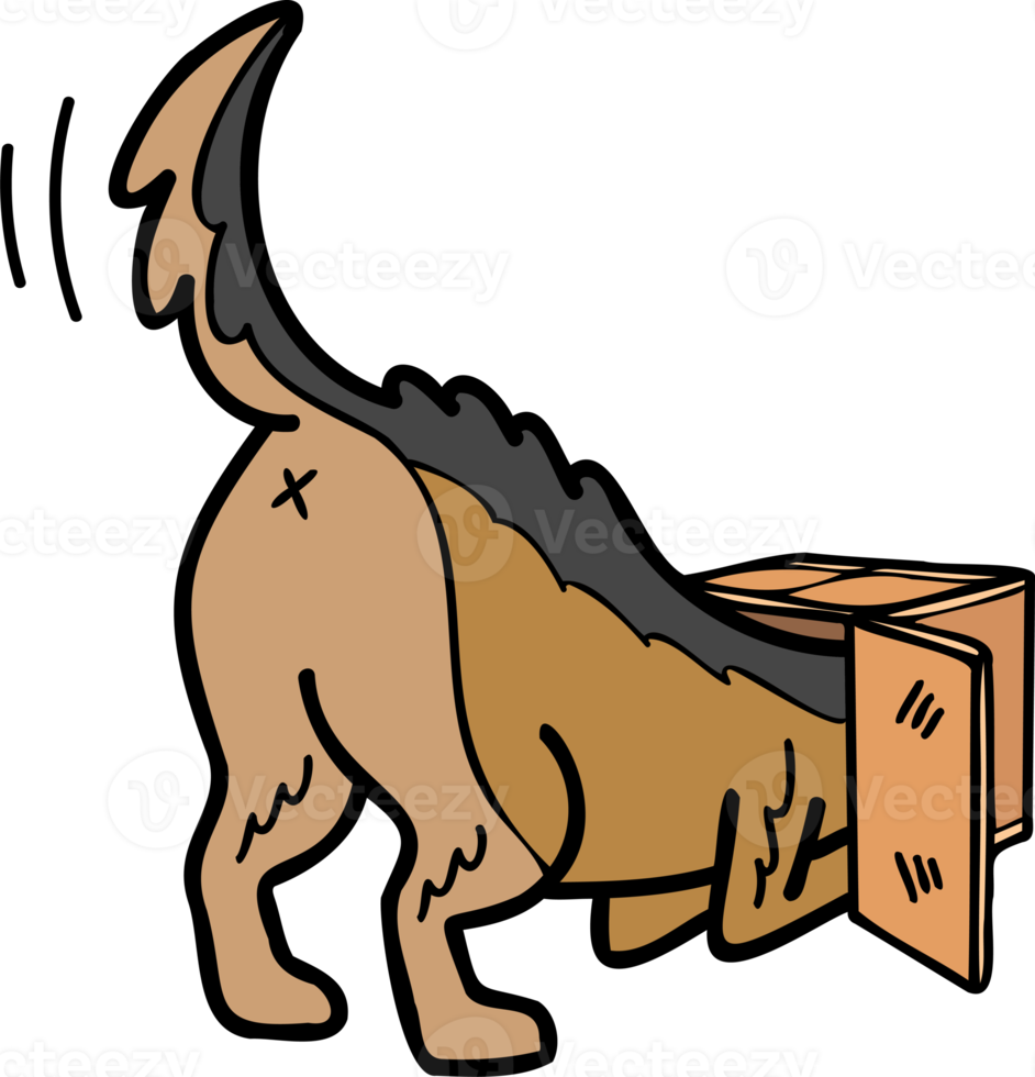 Hand Drawn German Shepherd Dog playing with box illustration in doodle style png