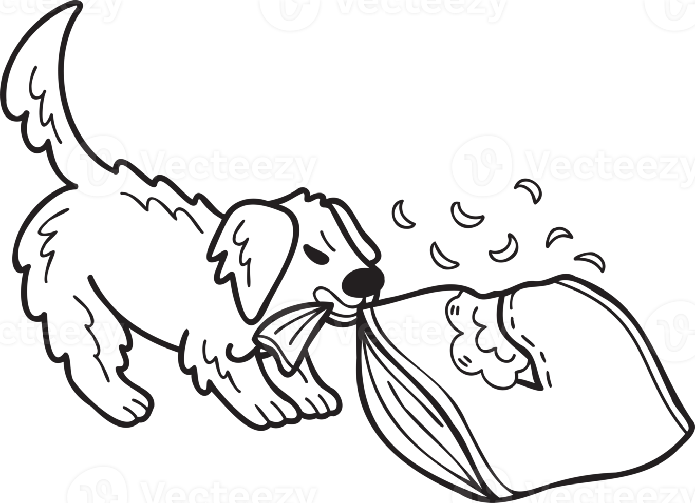 Hand Drawn Golden retriever Dog biting pillow illustration in doodle