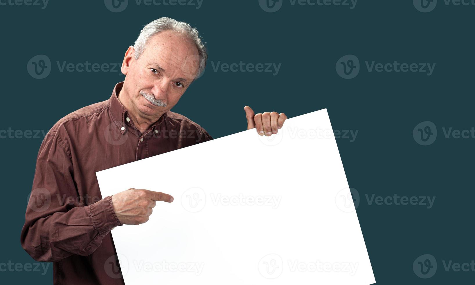 Senior man holds a blank board photo