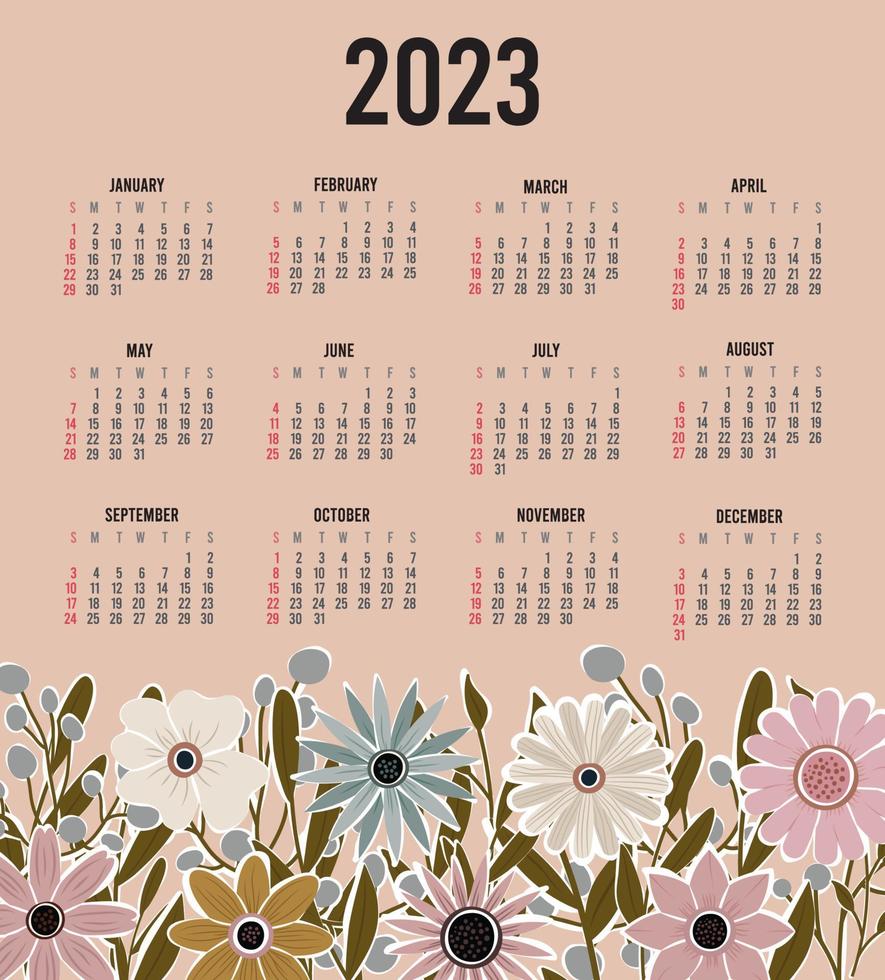 Calendar 2023 with 12 months. Sunday week start annual calendar. Single page calendar template with hand drawn boho plants and flowers. vector illustration