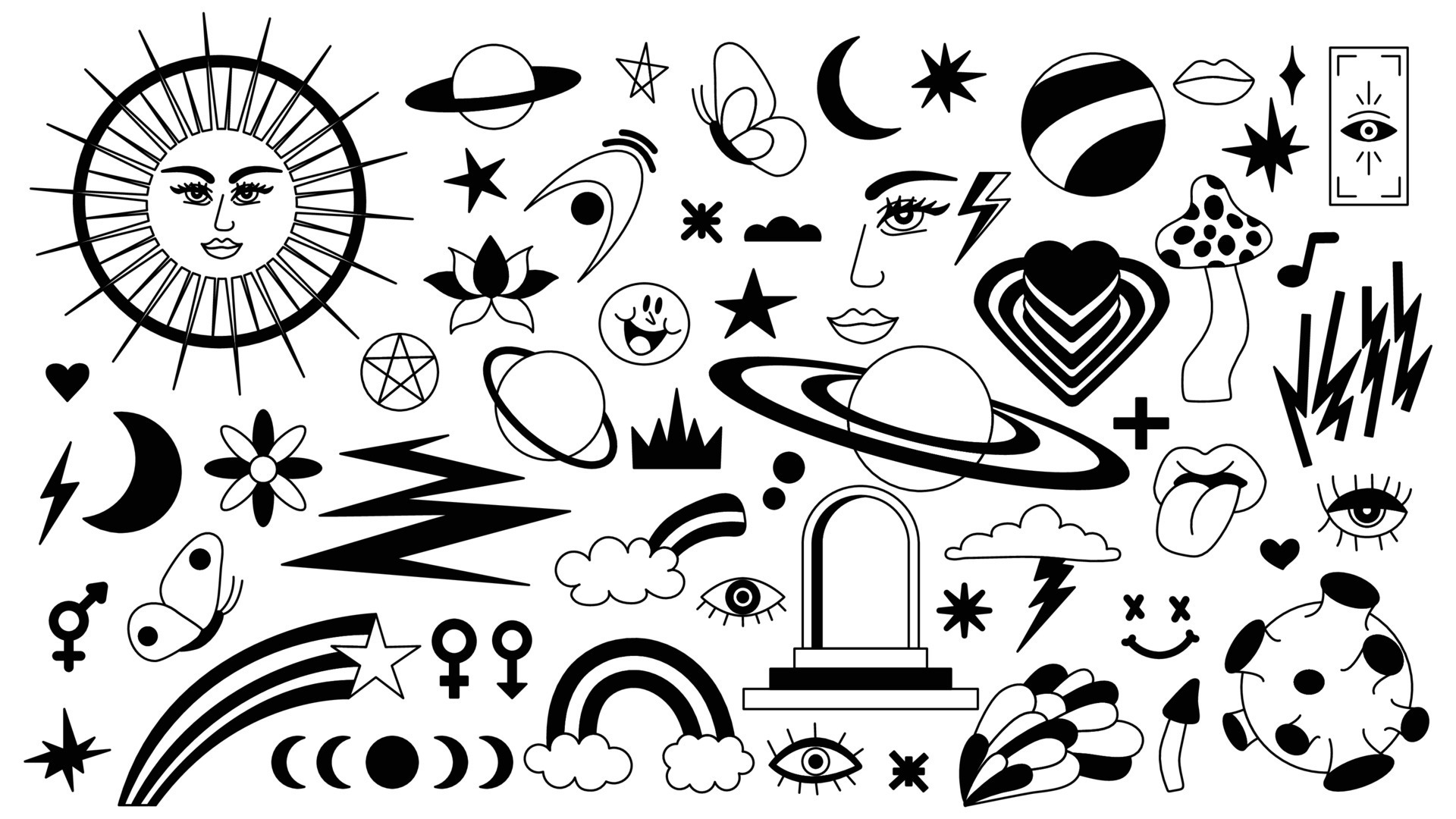 Magic background in retro style with hand drawn elements. Decorative  mystical vector isolated pattern. editable stroke stickers. Esoteric element  in minimalism. Collection of occult symbols tattoo art 18715772 Vector Art  at Vecteezy