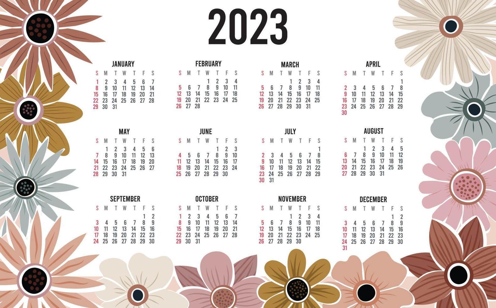 Calendar 2023 with 12 months. Sunday week start annual calendar. Single page calendar template with hand drawn boho plants and flowers. vector illustration