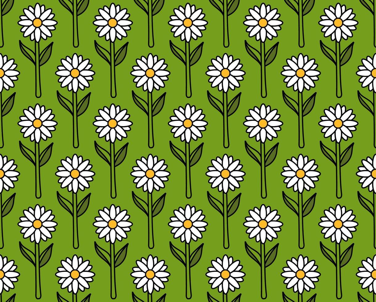 groovy background. Seamless bright repeat pattern of simple blooming flowers in 1970s psychedelic hippie style. graphic decor ornament in retro design. vector illustration