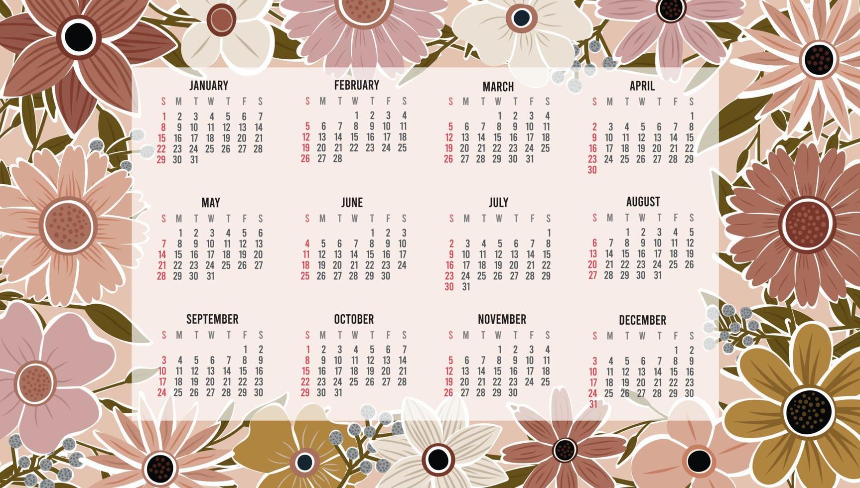 Calendar 2023 with 12 months. Sunday week start annual calendar. Single page calendar template with hand drawn boho plants and flowers. vector illustration