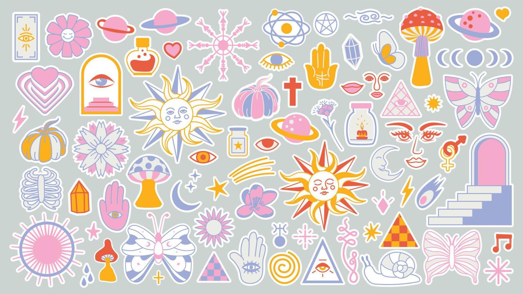 Magic background groovy in retro trend style with clipart elements. Decorative mystical vector isolated pattern. clipart stickers. Esoteric element witchcraft. Collection of occult symbols y2k