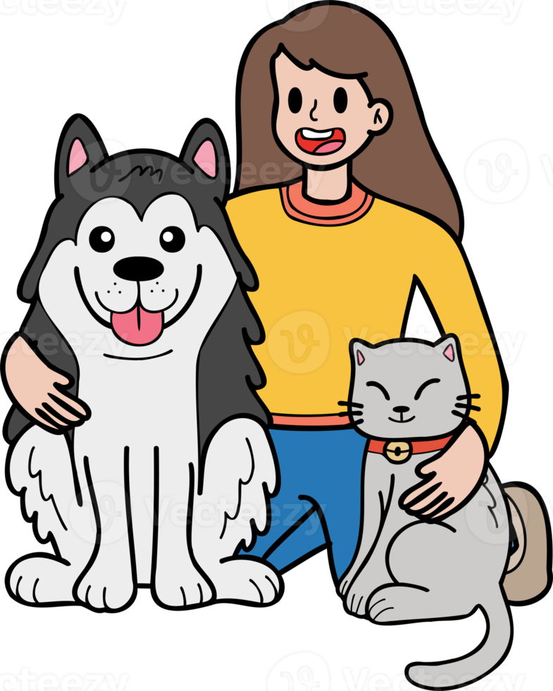 chien husky dessiné à la main avec illustration de chat et propriétaire dans un style doodle png