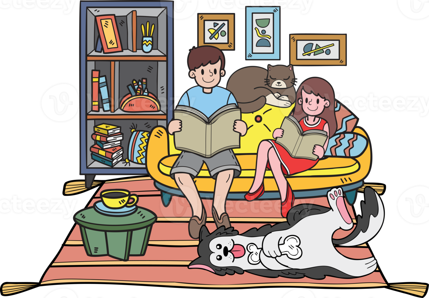 proprietário desenhado à mão lê um livro com o cachorro e o gato na ilustração da sala no estilo doodle png