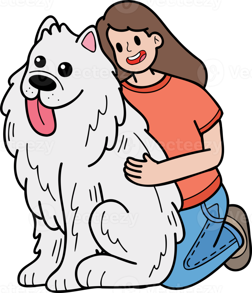 Hand Drawn Samoyed Dog hugged by owner illustration in doodle style png