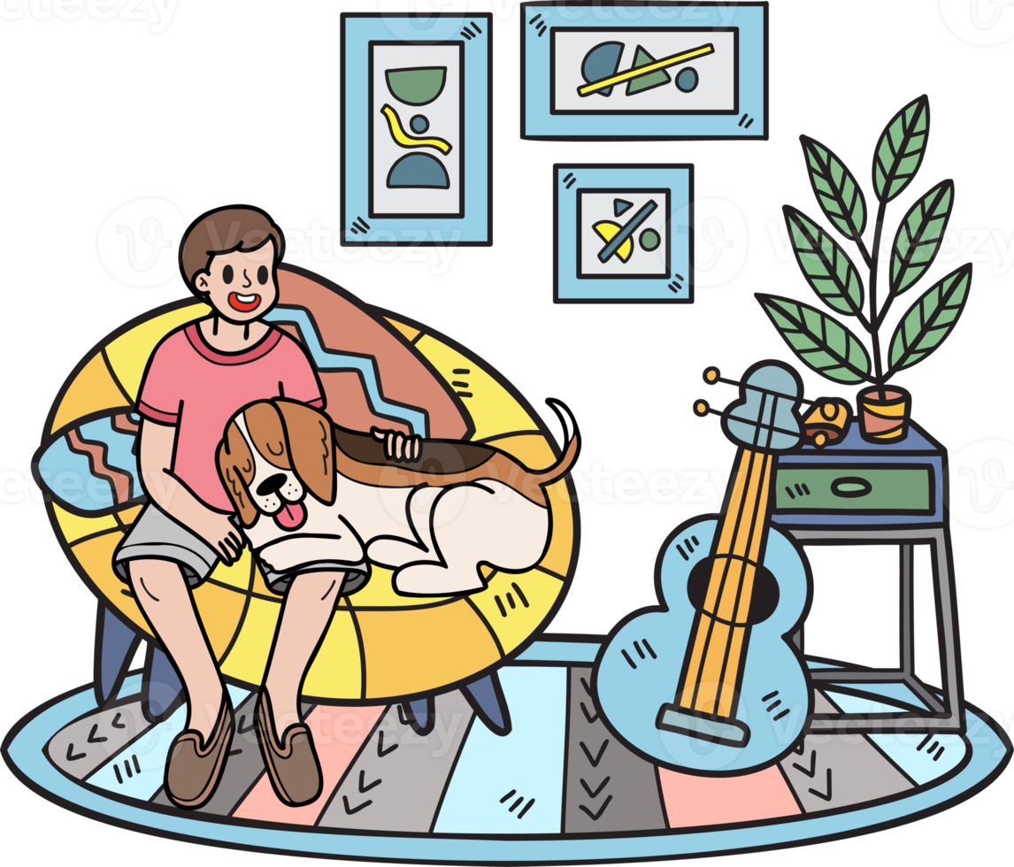 o dono e o cachorro desenhados à mão estão dormindo na ilustração do quarto no estilo doodle png
