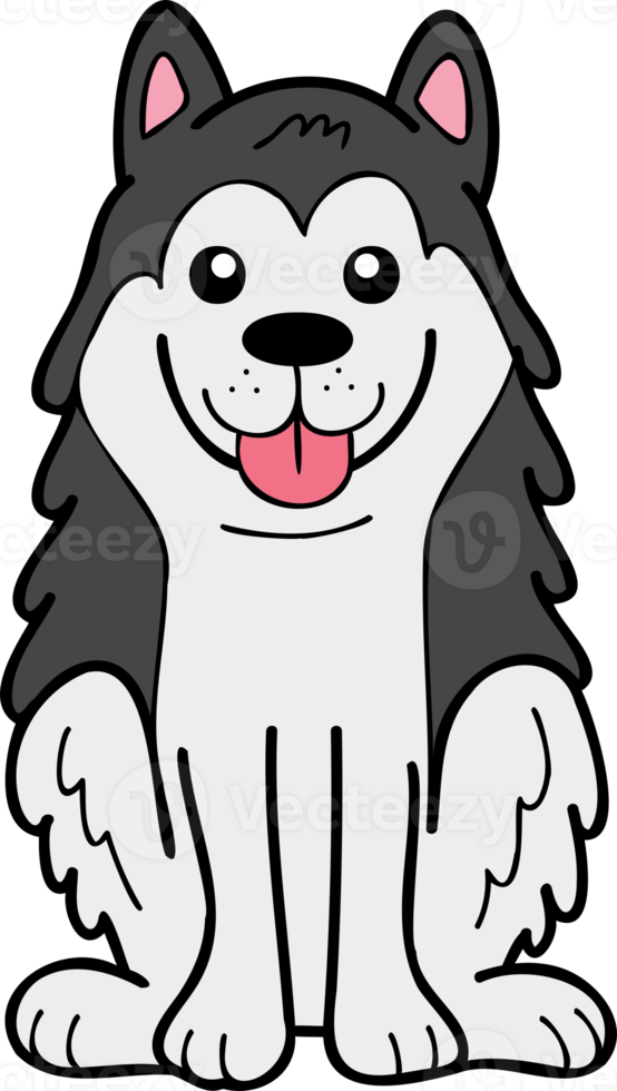 perro husky dibujado a mano sentado esperando la ilustración del propietario en estilo garabato png