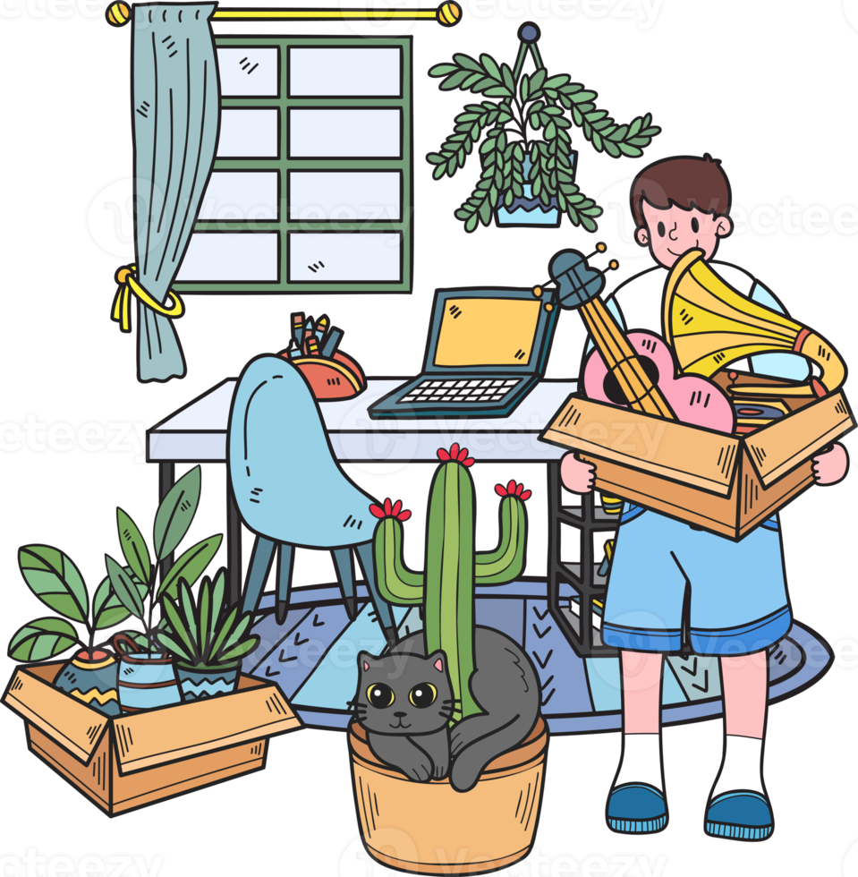 Hand Drawn The owner arranges a new house with cats illustration in doodle style png