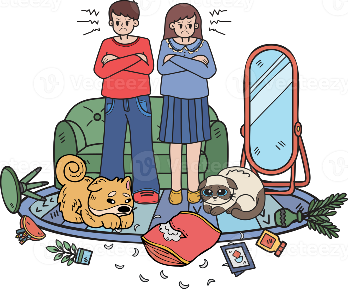 Hand Drawn Owner angry with naughty dogs and cats illustration in doodle style png