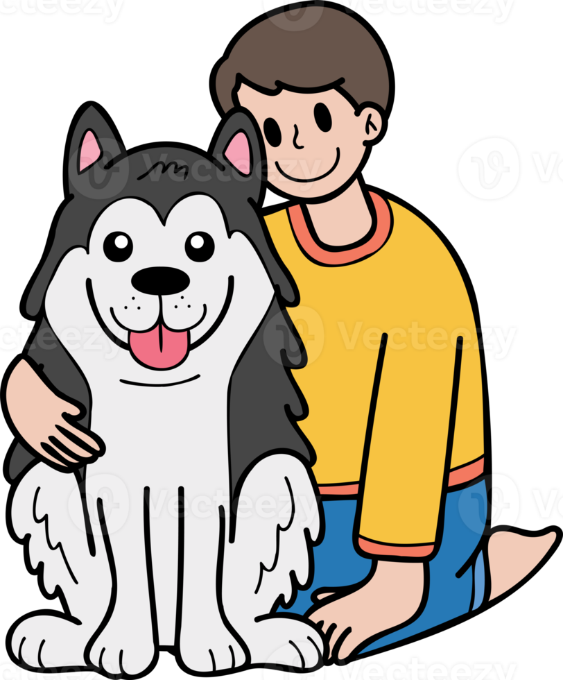el dueño dibujado a mano abraza la ilustración del perro husky en estilo garabato png