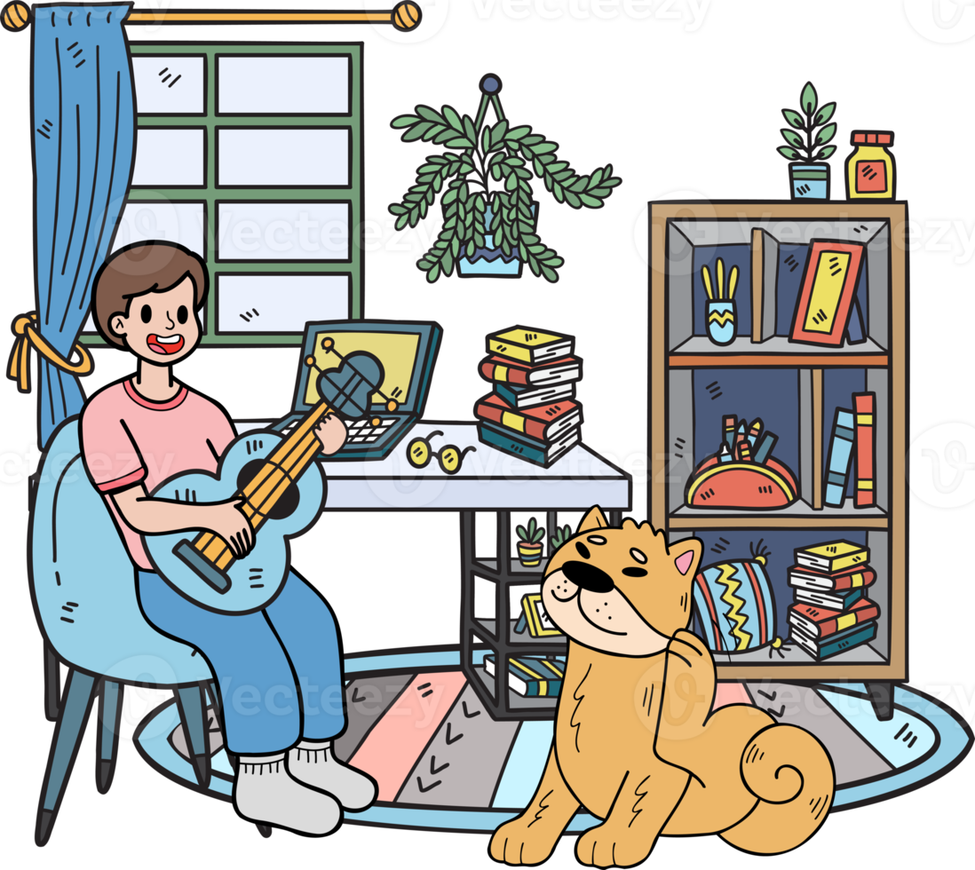 Hand Drawn The owner plays guitar with the dog in the room illustration in doodle style png