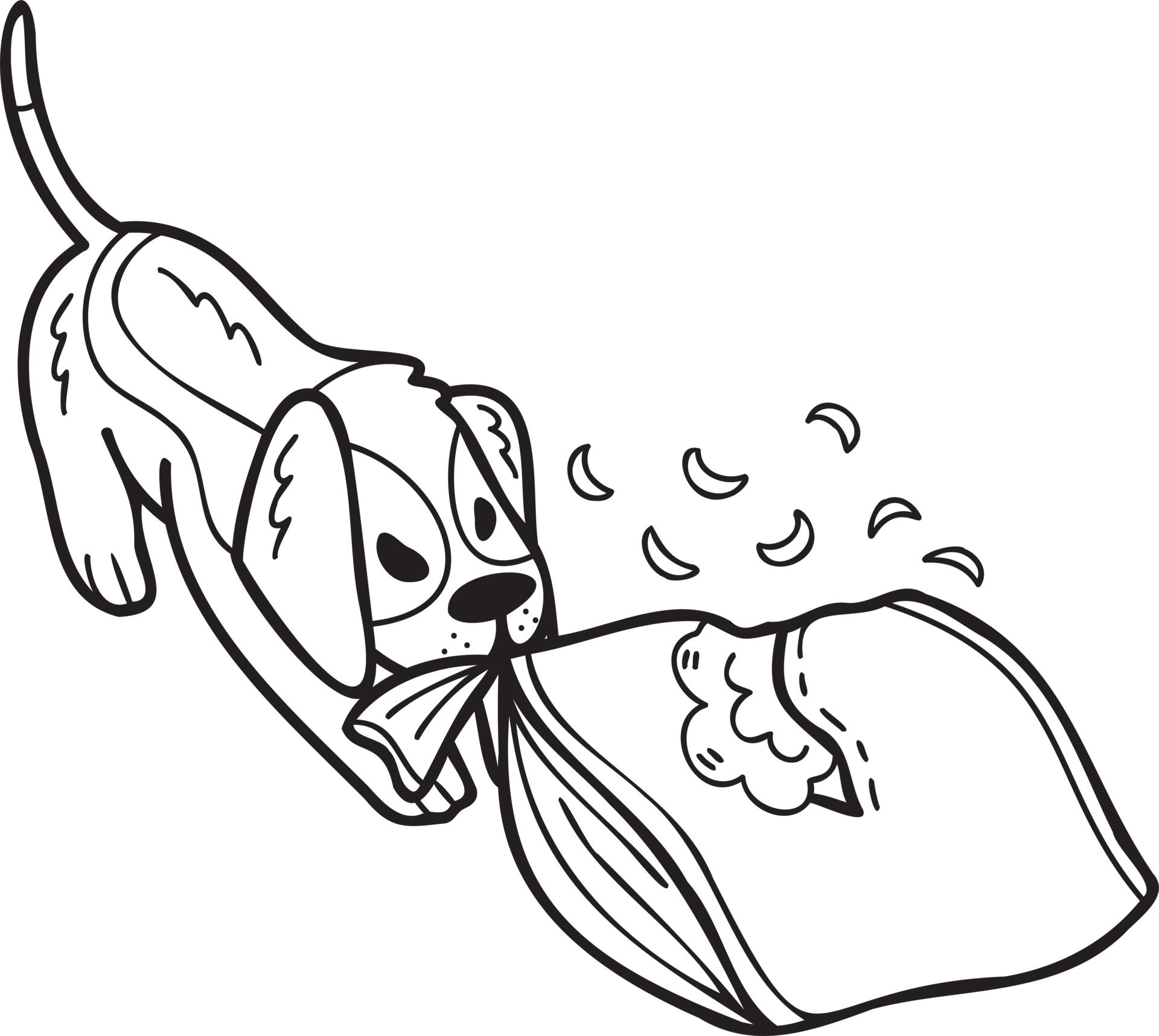 Hand Drawn Beagle Dog biting pillow illustration in doodle style