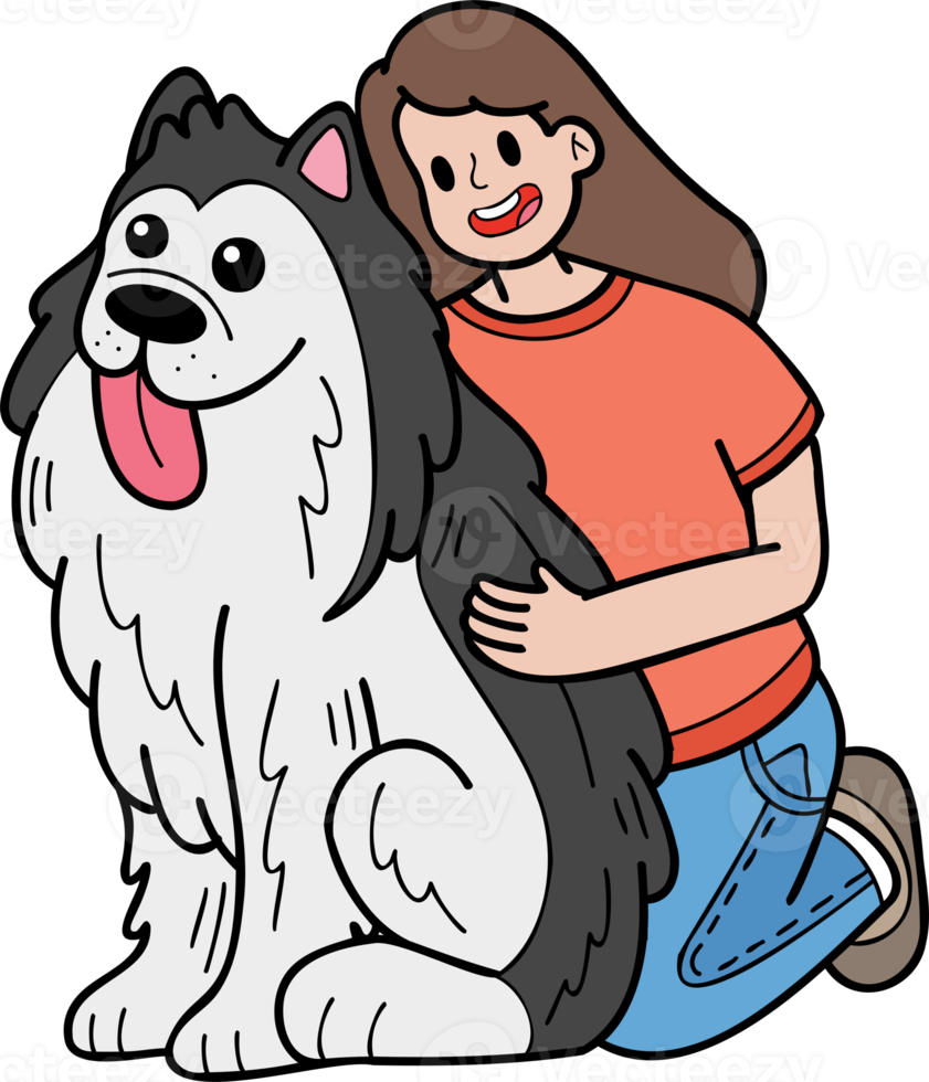 perro husky dibujado a mano abrazado por la ilustración del propietario en estilo garabato png