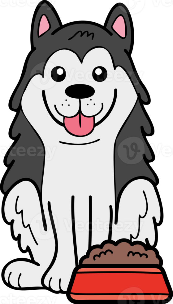 perro husky dibujado a mano con ilustración de comida en estilo garabato png