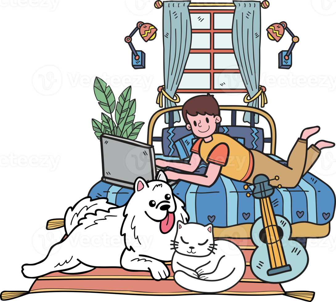 propriétaire dessiné à la main travaillant sur ordinateur portable avec chien et chat dans l'illustration de la chambre dans un style doodle png