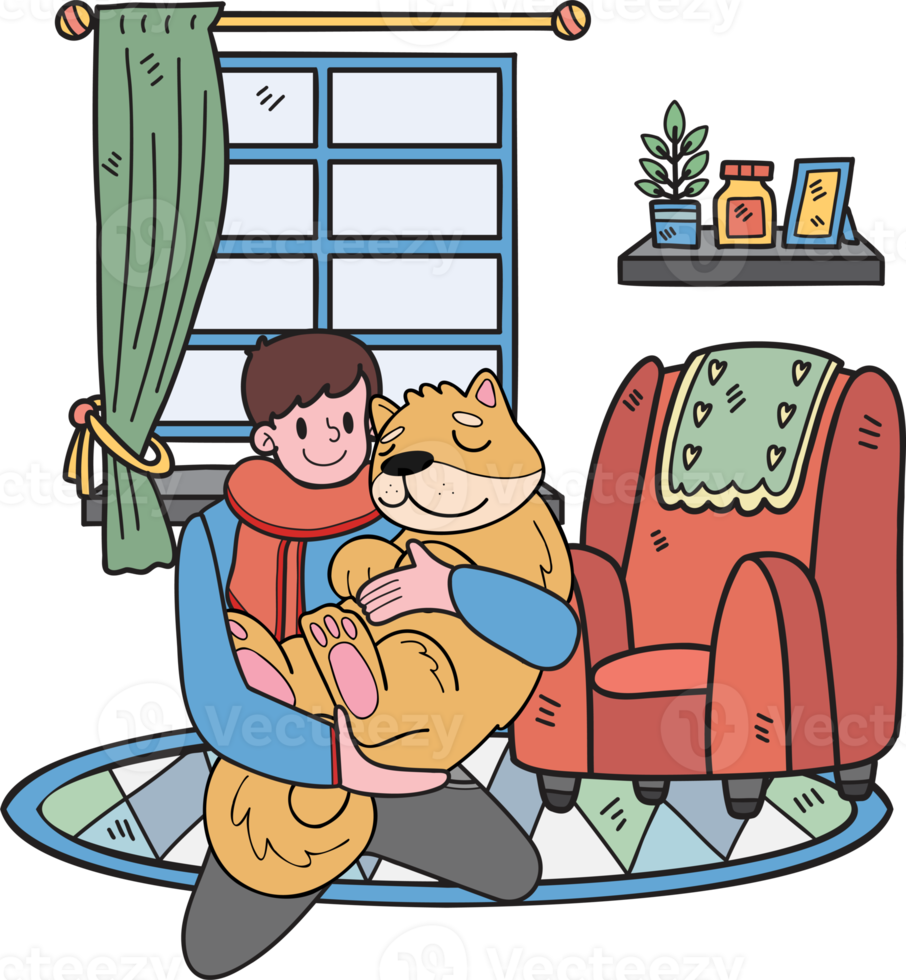 Hand Drawn owner and dog are sleeping in the room illustration in doodle style png