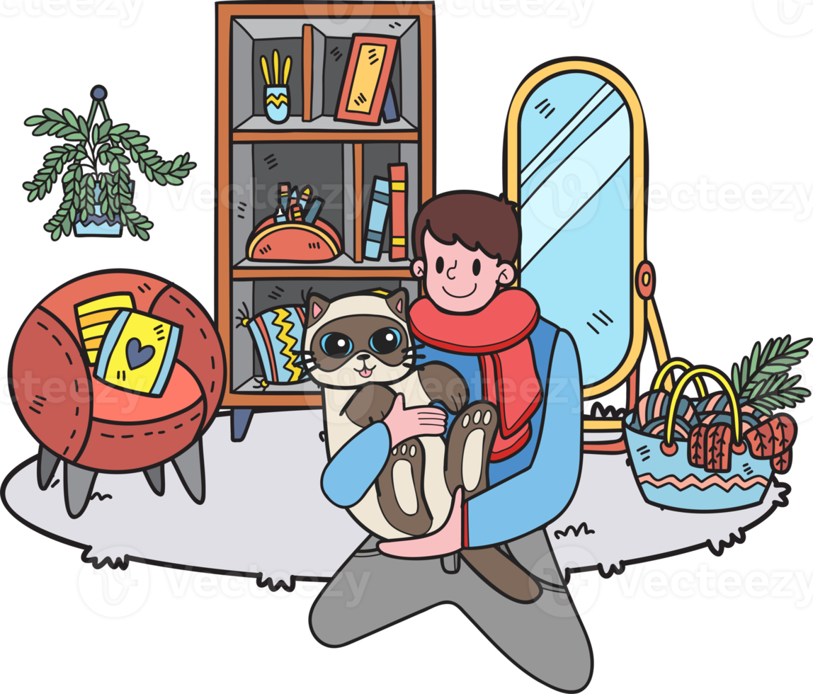 Hand Drawn The owner sits and hugs the cat in the room illustration in doodle style png