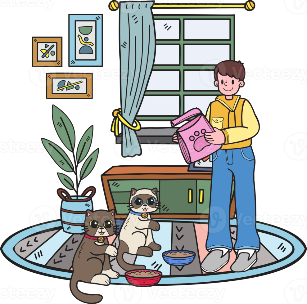 Hand Drawn The owner feeds the cats in the room illustration in doodle style png