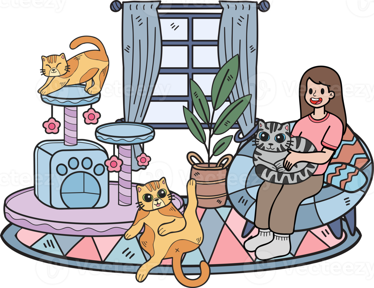 Hand Drawn The owner sits with the cat in the living room illustration in doodle style png