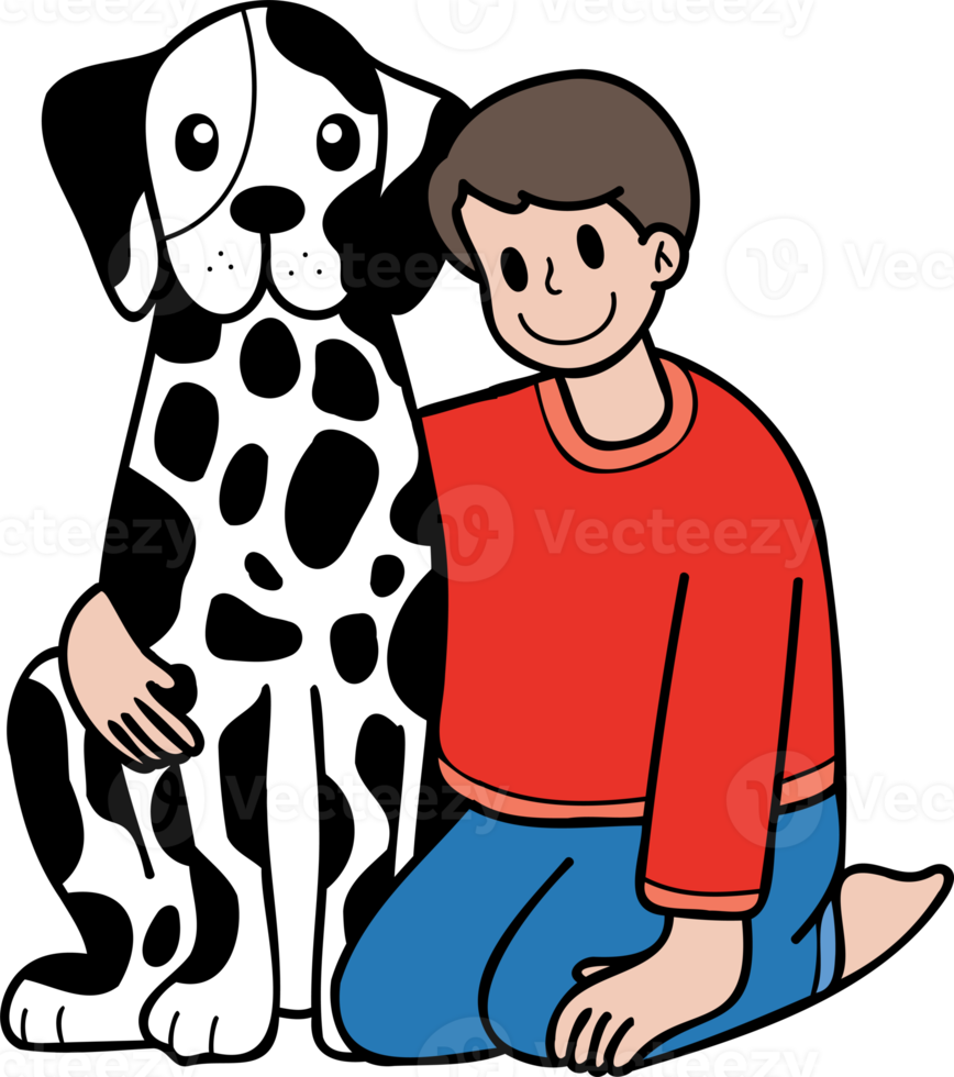 Hand Drawn owner hugs Dalmatian Dog illustration in doodle style png