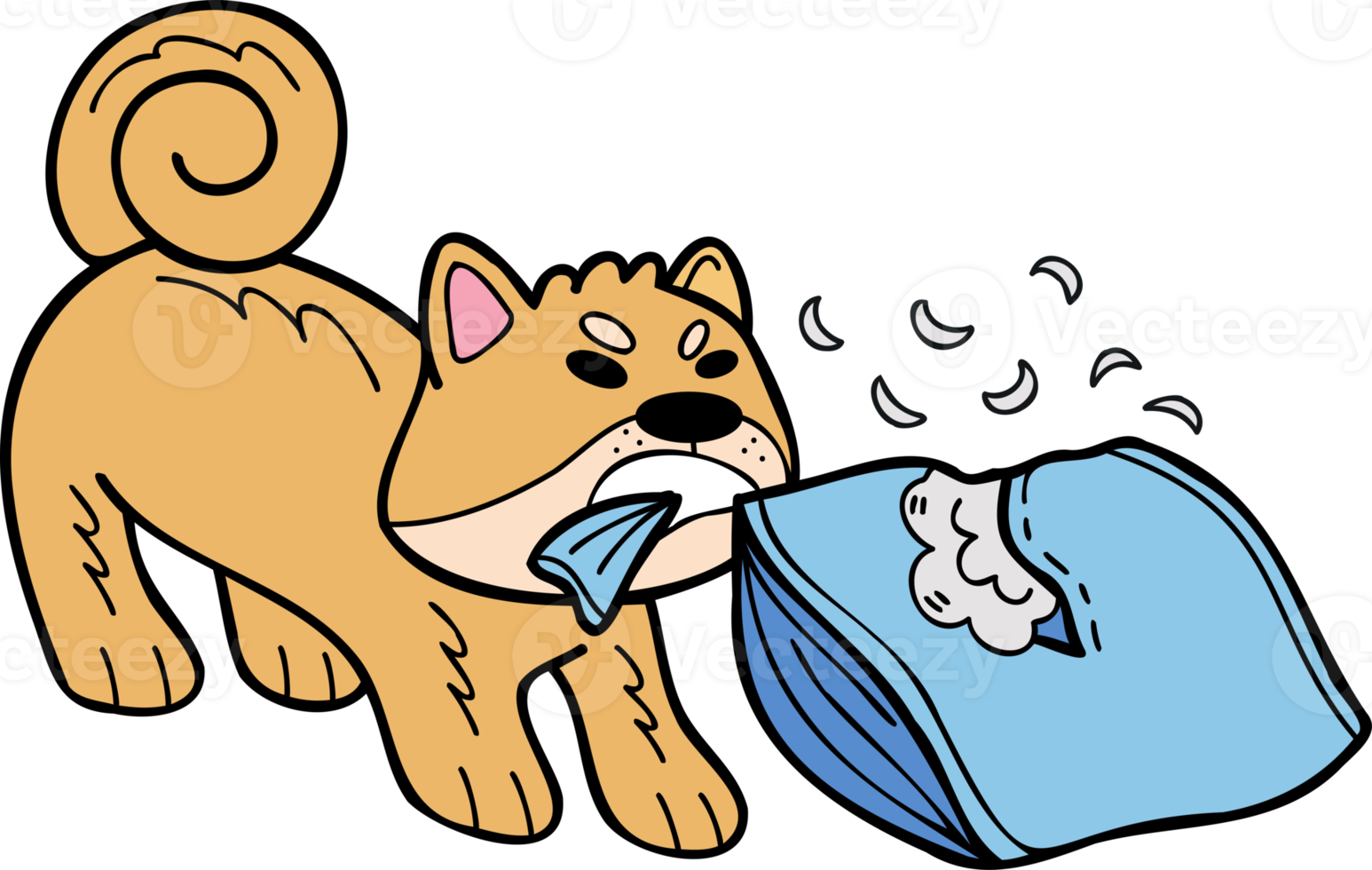 illustration d'oreiller mordant chien shiba inu dessiné à la main dans un style doodle png