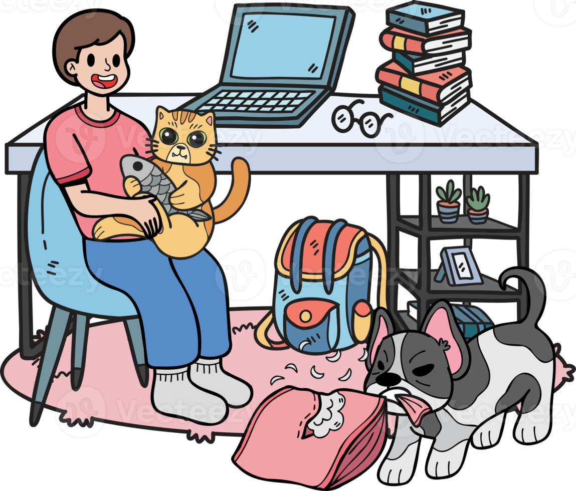 Hand Drawn owner plays with the dogs and cats in the office room illustration in doodle style png
