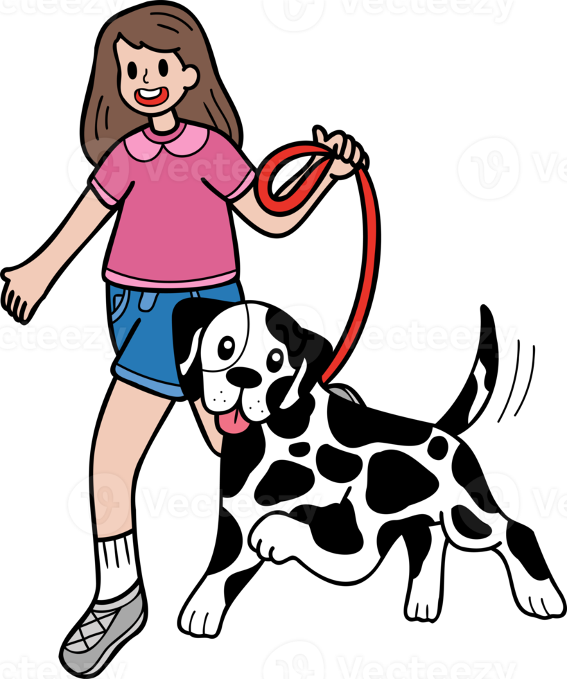 perro dálmata dibujado a mano caminando con ilustración de propietario en estilo garabato png