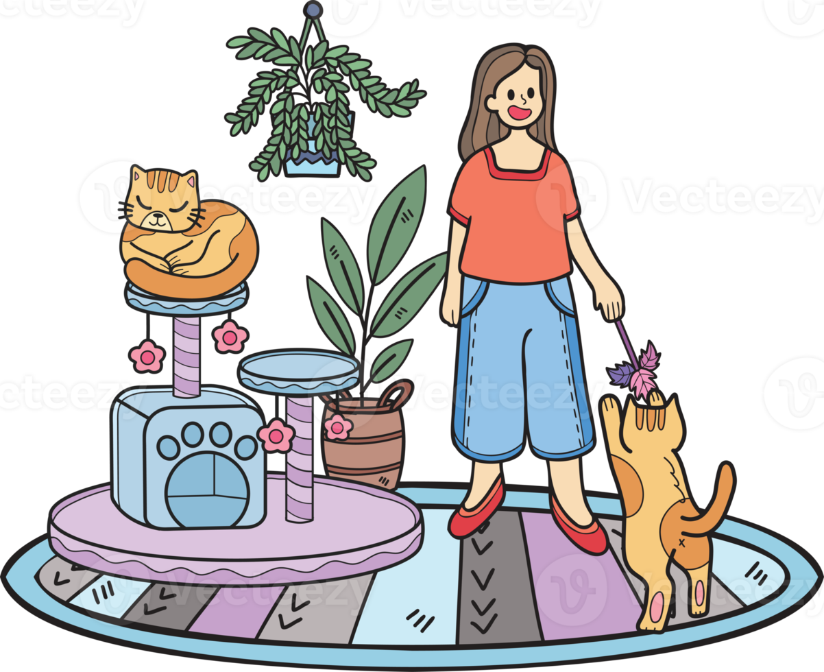 Hand Drawn The owner plays with the cat in the room illustration in doodle style png
