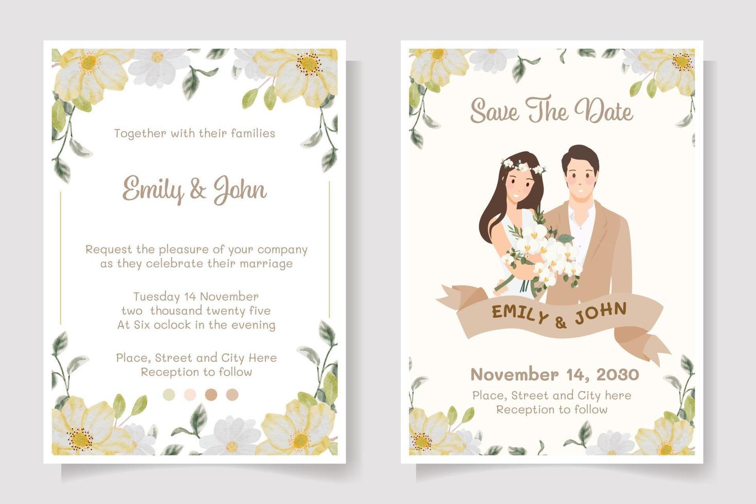 young wedding couple in red dress watercolor flower bouquet frame wedding invitation vector