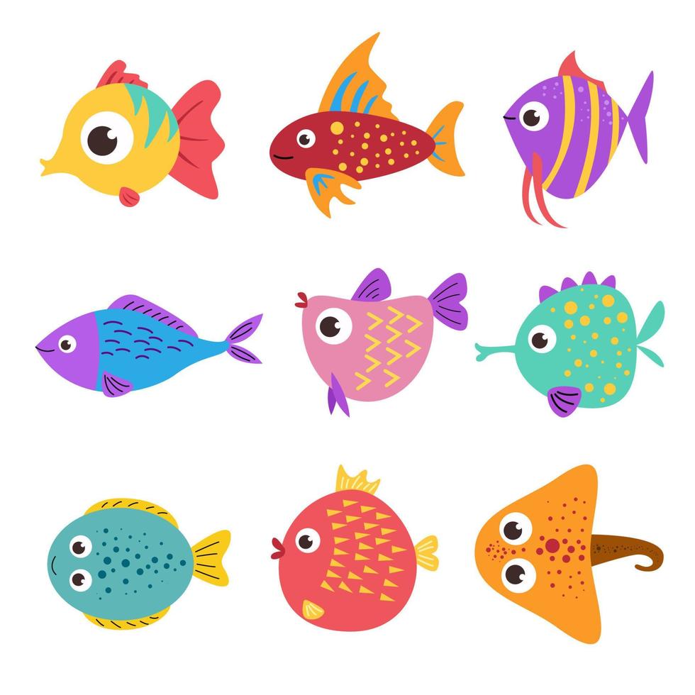 colección de conjunto de peces de mar lindo colorido. diseño de ilustración vectorial concepto de dibujos animados de vida marina. vector