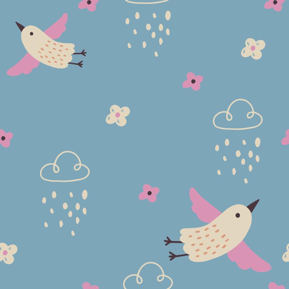 cute hand drawn love pattern for wrapping paper with white birds on blue background vector