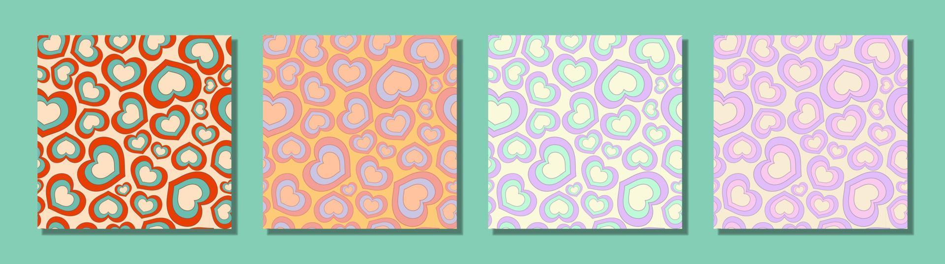 Seamless Patterns of Groovy Hearts. Psychedelic vector background in retro style.