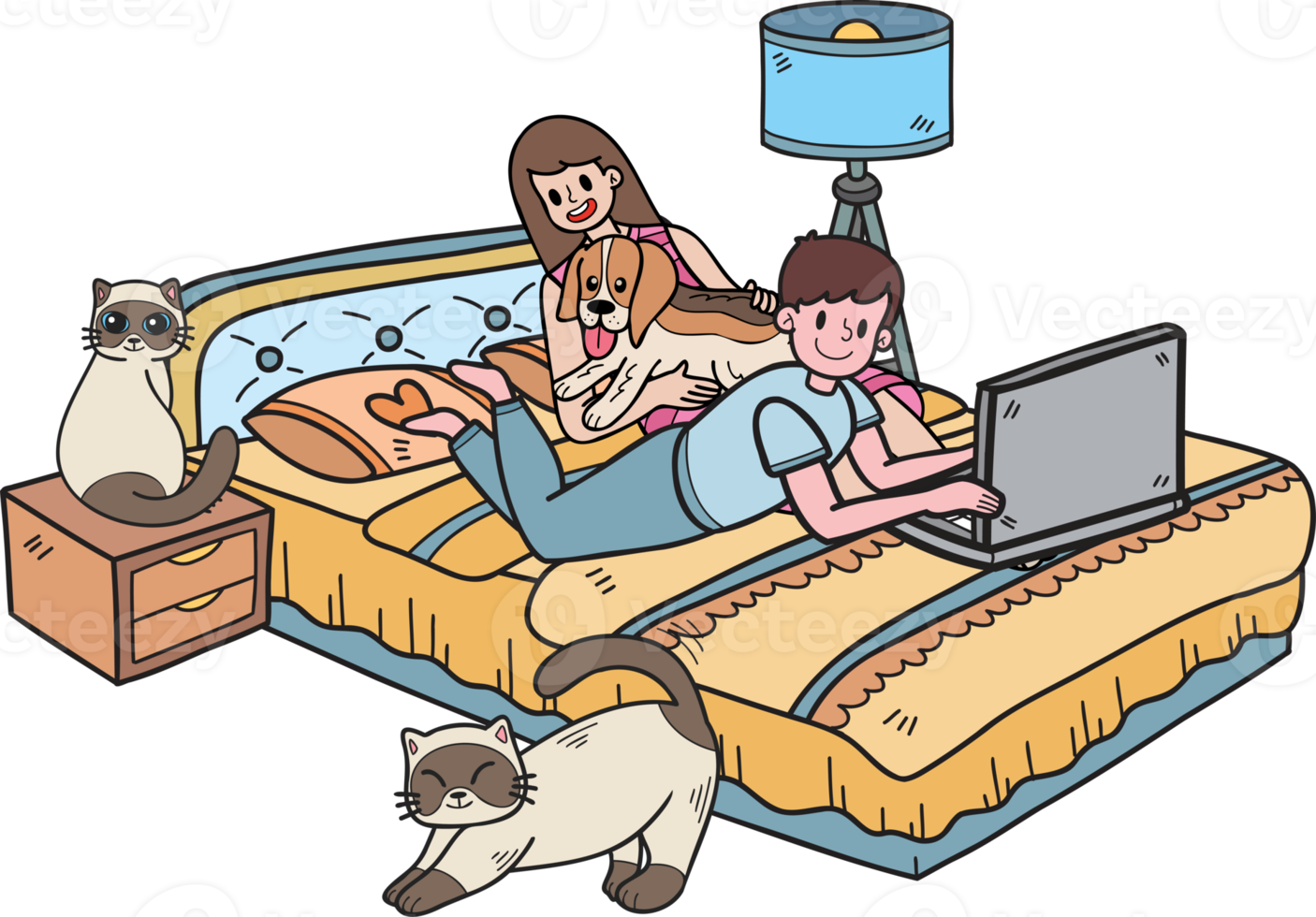 hand gezeichneter besitzer, der am laptop mit hund und katze in der schlafzimmerillustration im gekritzelstil arbeitet png