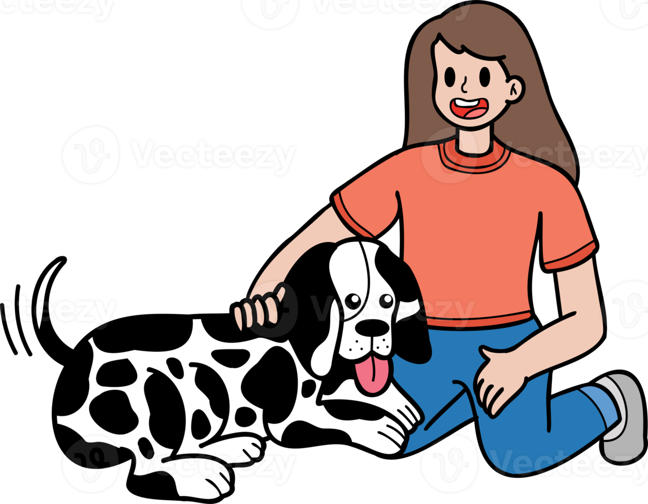 Hand Drawn Dalmatian Dog hugged by owner illustration in doodle style png