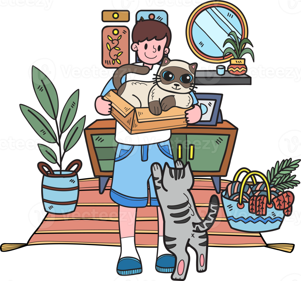 handgezeichnet bittet die katze ihren besitzer in der wohnzimmerillustration im gekritzelstil png