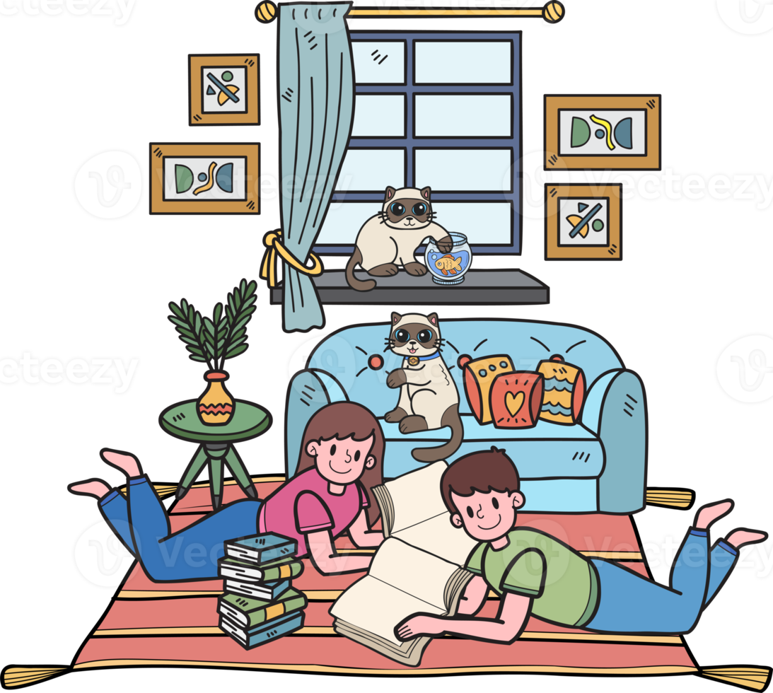 mão desenhada o proprietário lê um livro com o gato na ilustração da sala de estar no estilo doodle png