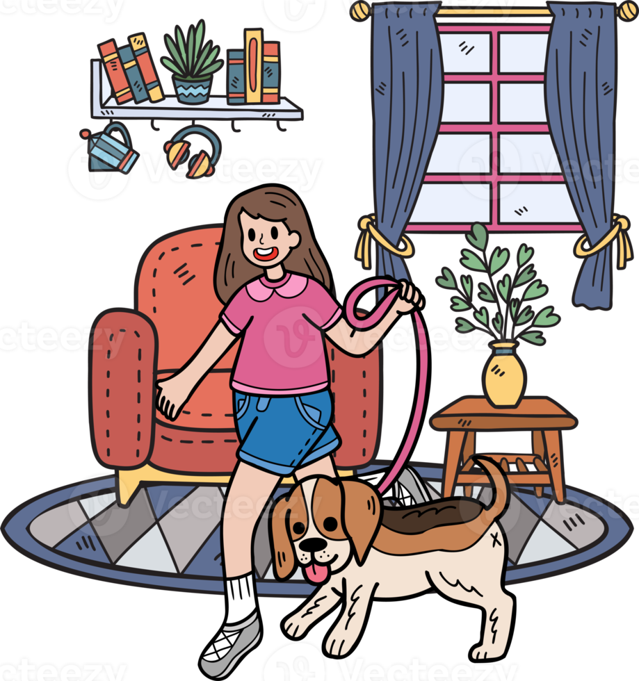 Hand Drawn The owner plays with the dog in the room illustration in doodle style png
