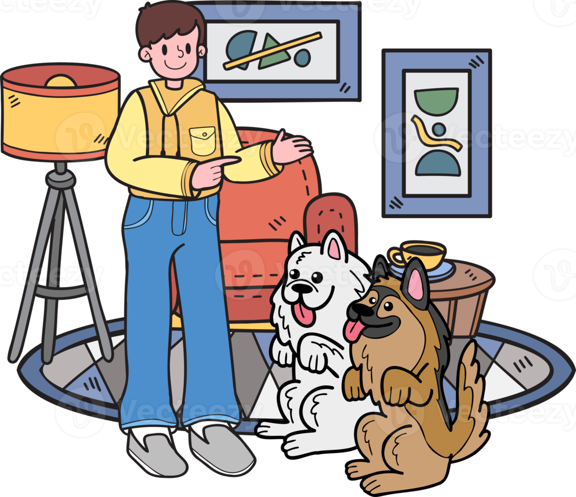 Hand Drawn dog is being trained by owner illustration in doodle style png