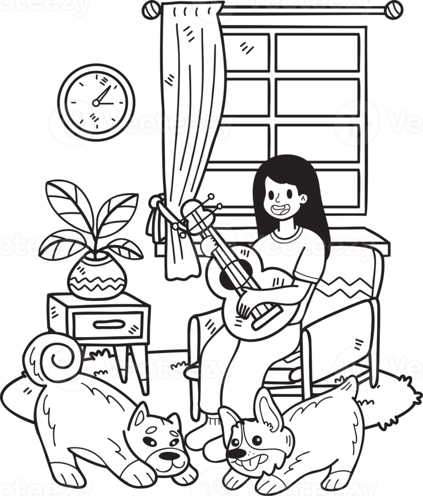 Hand Drawn The owner plays guitar with the dog in the room illustration in doodle style png