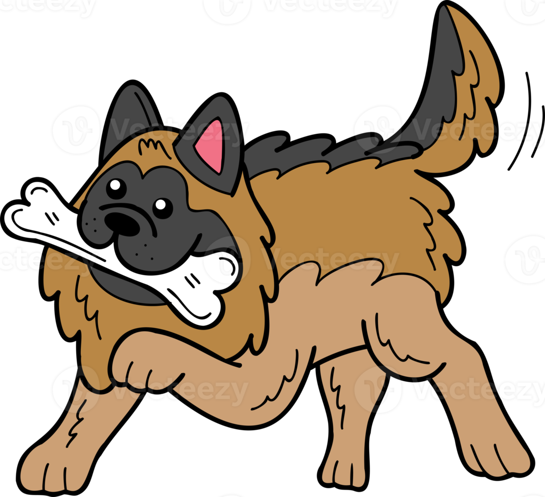 perro pastor alemán dibujado a mano sosteniendo la ilustración del hueso en estilo garabato png