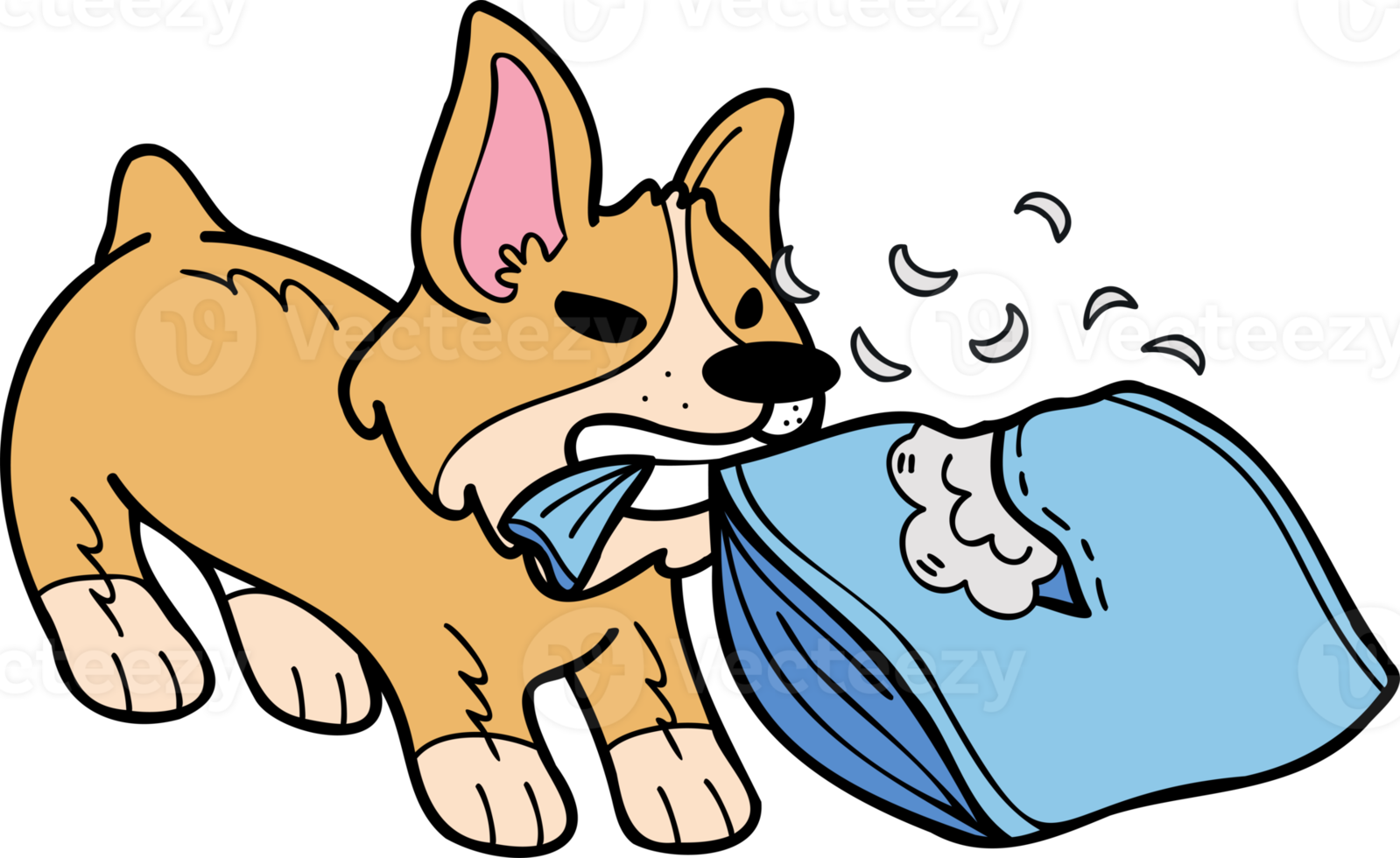 illustration d'oreiller mordant chien corgi dessiné à la main dans un style doodle png