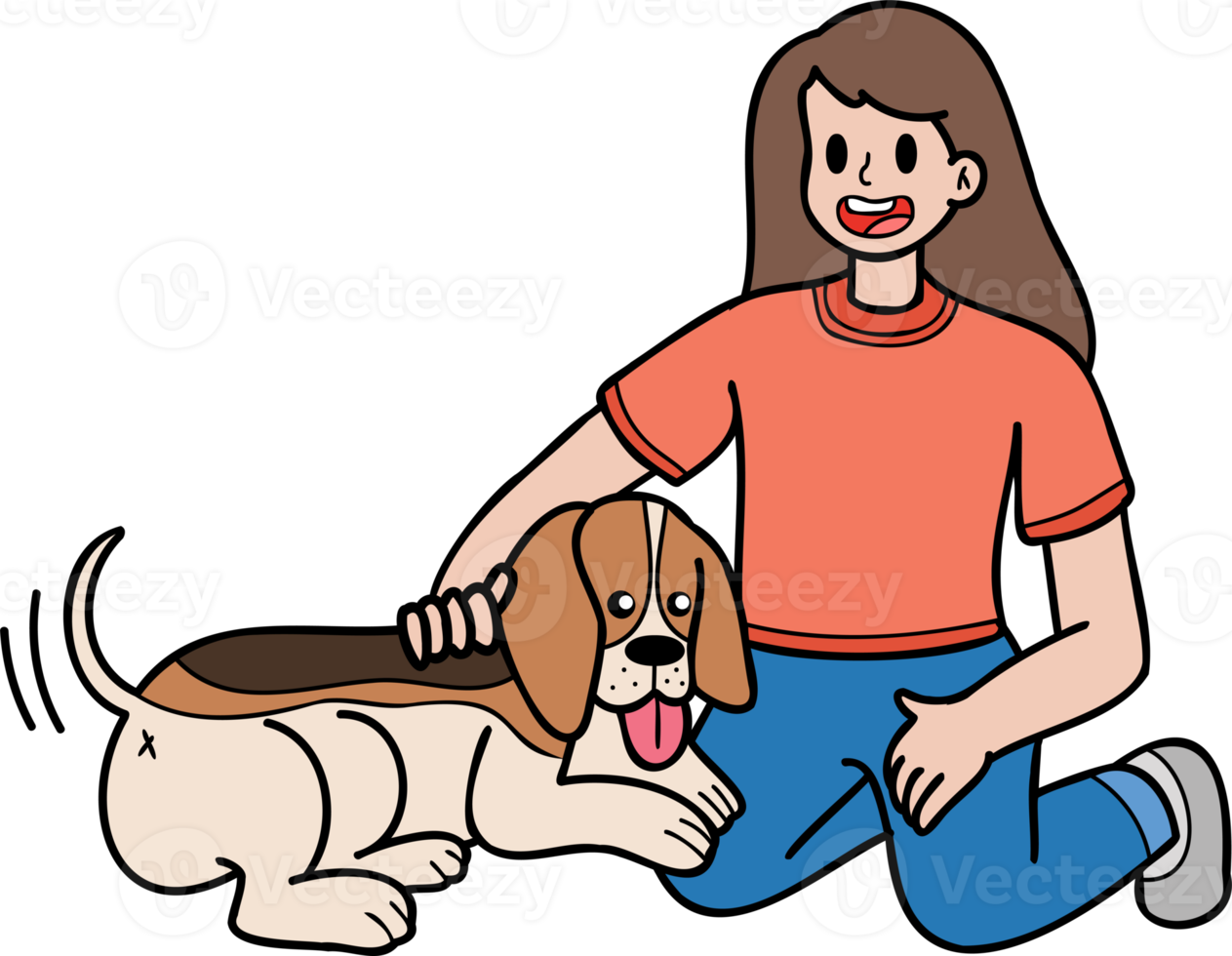 Hand Drawn Beagle Dog hugged by owner illustration in doodle style png