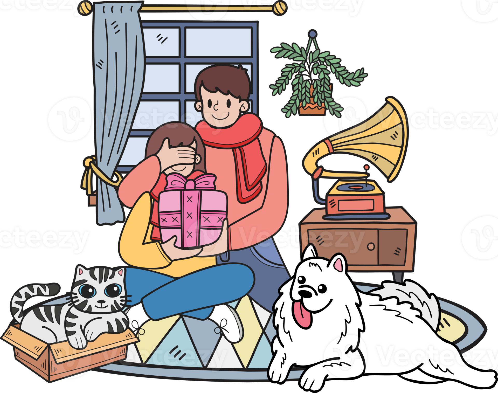 Free Hand Drawn Men Give Gifts To Women With Dogs And Cats Illustration free-hand-drawn-men-give-gifts-to-women-with-dogs-and-cats-illustration