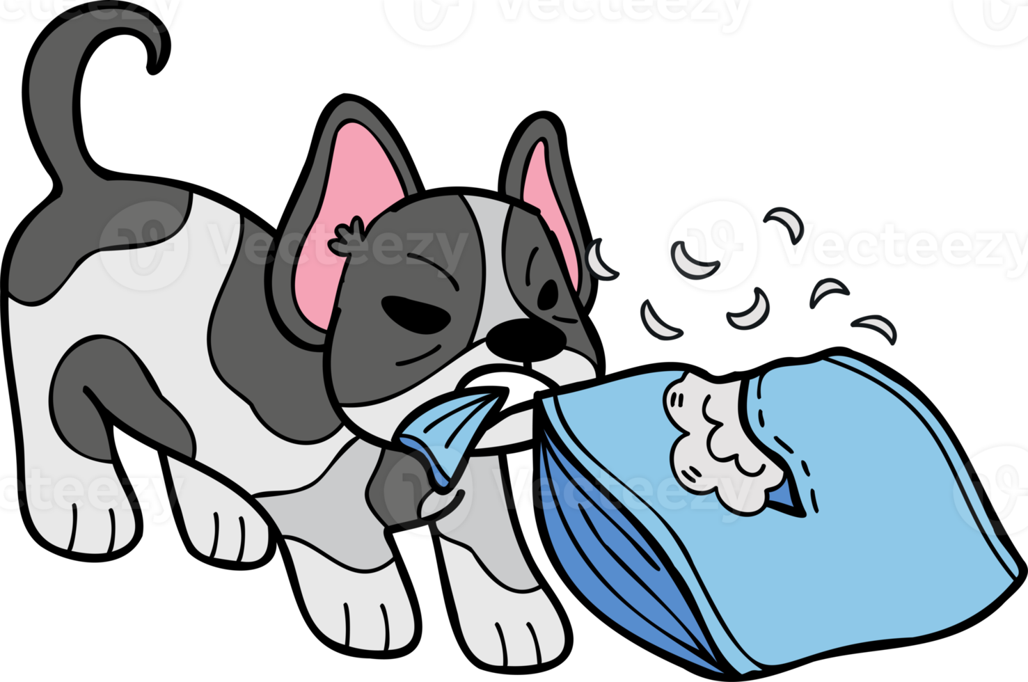 illustration d'oreiller mordant de bouledogue français dessiné à la main dans un style doodle png