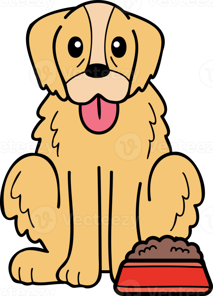 cão retriever dourado desenhado à mão com ilustração de comida no estilo doodle png